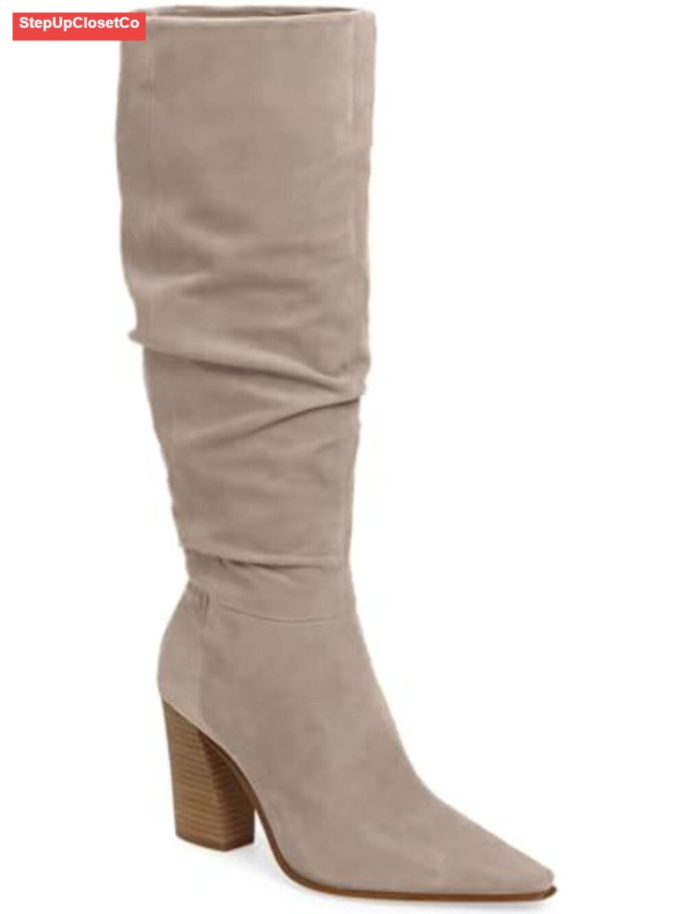 Faux Suede Knee High Boots Pointed Toe Chunky Heel Side Zipper Dress Boots